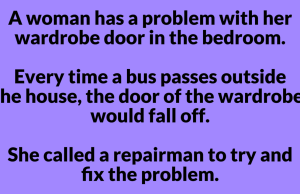 A woman has a problem with her wardrobe door