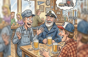 A train machinist, a ship captain and a truck driver are sitting in a bar and sharing their stories.