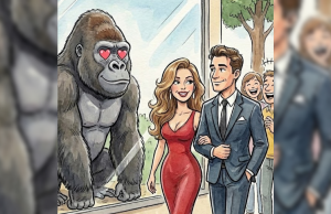 A married couple at a Zoo walk past a gorilla enclosure.
