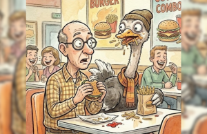 A man walks into a restaurant with a full-grown ostrich behind him.