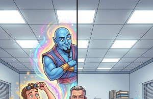 Three coworkers find a magic lamp during lunch.