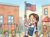 A girl is dared by a boy to climb the school flagpole.