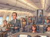 A lawyer boards a plane and takes his seat in business class.