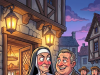 A nun stood outside a tavern,
