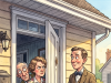 A woman hears a knock at the door.